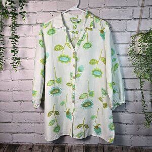 HOT COTTON 100% LINEN BUTTON DOWN TOP WHITE WITH BLUE AND GREEN FLORAL WOMENS XL